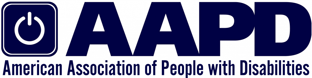The logo says AAPD in large dark blue letters, and on the left is a white power-on symbol in a dark blue box. Below is smaller dark blue text saying, American Association of People with Disabilities.